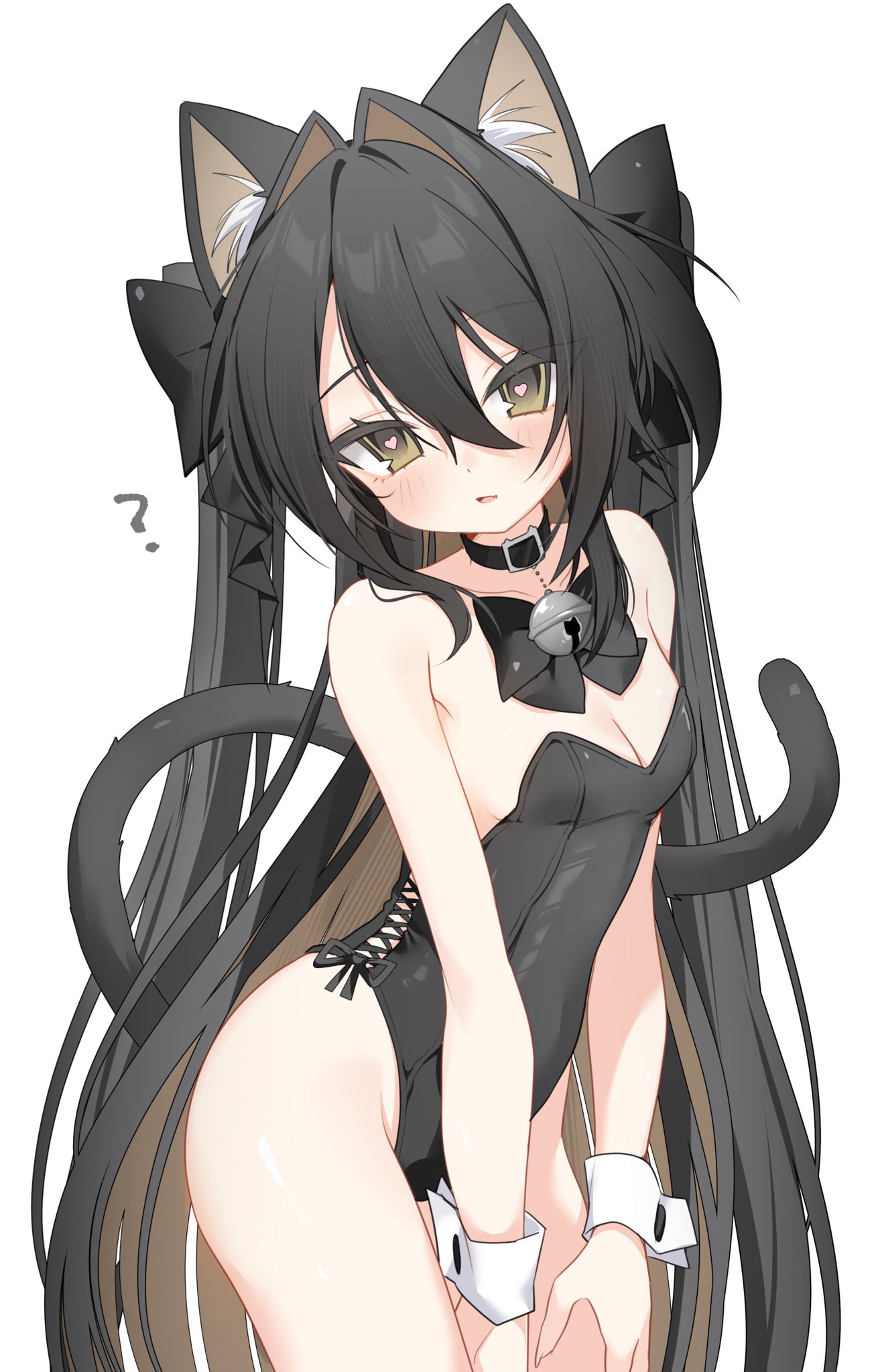 sentouryoku 5, original, commentary, highres, symbol-only commentary, 1girl, ?, animal ear fluff, animal ears, bare shoulders, bell, black bow, black choker, black hair, black leotard, blush, bow, breasts, brown eyes, cat ears, cat girl, cat tail, choker, cleavage, collarbone, cowboy shot, hair between eyes, hair intakes, heart, heart-shaped pupils, highleg, highleg leotard, jingle bell, leotard, long hair, looking at viewer, neck bell, parted lips, side-tie leotard, simple background, small breasts, solo, standing, strapless, strapless leotard, symbol-shaped pupils, tail, very long hair, white background, white wrist cuffs, wrist cuffs