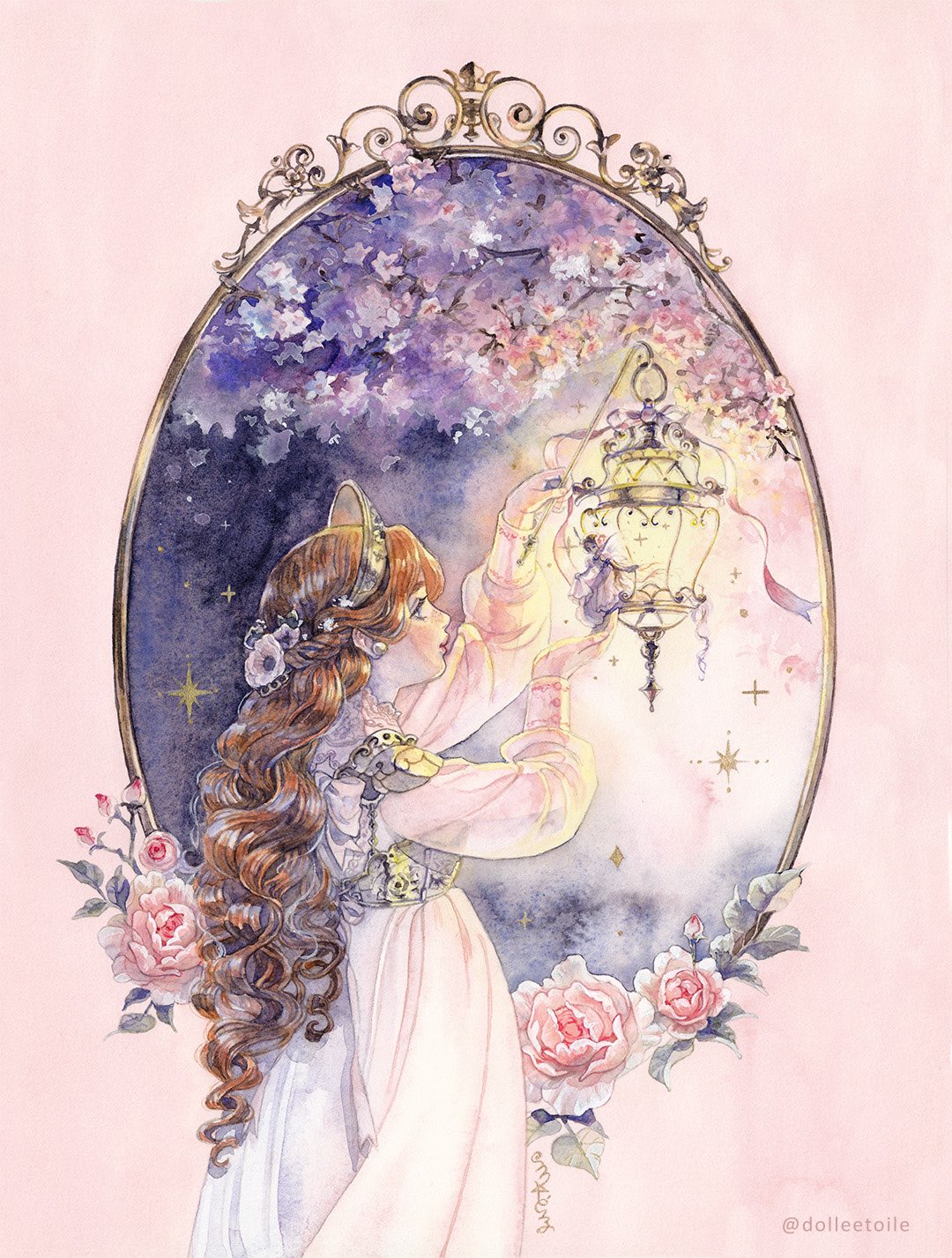 dolleetoile, original, gouache (medium), highres, painting (medium), traditional media, watercolor (medium), 2girls, armor, border, brown hair, cowboy shot, crown, dress, earrings, fairy, flower, hair flower, hair ornament, holding, holding lantern, in palm, jewelry, lantern, light smile, long dress, long hair, multiple girls, parted bangs, pearl earrings, pink border, pink flower, shoulder armor, size difference, solo, twitter username, wavy hair, white dress