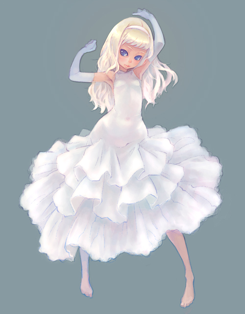 weno, original, 1girl, barefoot, blonde hair, blue eyes, bride, dress, female focus, gloves, hairband, simple background, solo, wedding dress