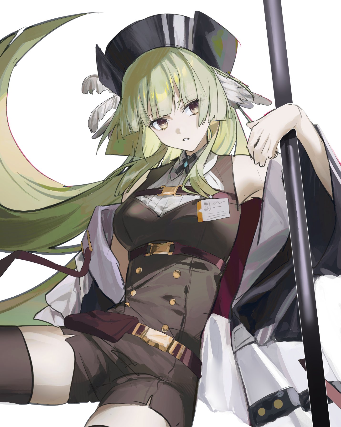 poncirus (arknights), arknights, commentary, highres, 1girl, bare shoulders, black hat, black jacket, blunt bangs, brown shirt, brown shorts, brown thighhighs, cowboy shot, floating hair, green hair, hat, jacket, long hair, nenyanen0, off shoulder, parted lips, shirt, short shorts, shorts, simple background, sketch, sleeveless, sleeveless shirt, solo, thighhighs, white background, white jacket, yellow eyes