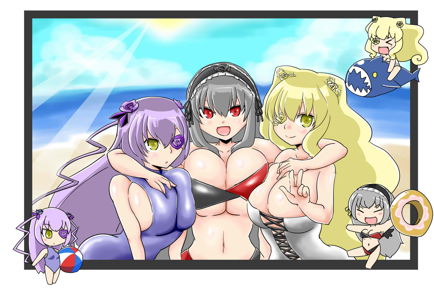 itini-sanshi, barasuishou, kirakishou, suigintou, rozen maiden, commentary request, 3girls, alternate breast size (larger), arm around shoulder, bikini, black flower, black hairband, black ribbon, black rose, blonde hair, blue sky, blush, border, breast press, breasts, chibi, chibi inset, cleavage, day, flower, flower eyepatch, flower over eye, frilled hairband, frills, gothic lolita, grey hair, hair ribbon, hairband, huge breasts, large breasts, lolita fashion, lolita hairband, long hair, looking at viewer, multiple girls, navel, one-piece swimsuit, open mouth, outdoors, purple hair, purple one-piece swimsuit, red bikini, ribbon, rose, sky, smile, sun, swimsuit, symmetrical docking, upper body, w, white border, white one-piece swimsuit, yellow flower, yellow rose