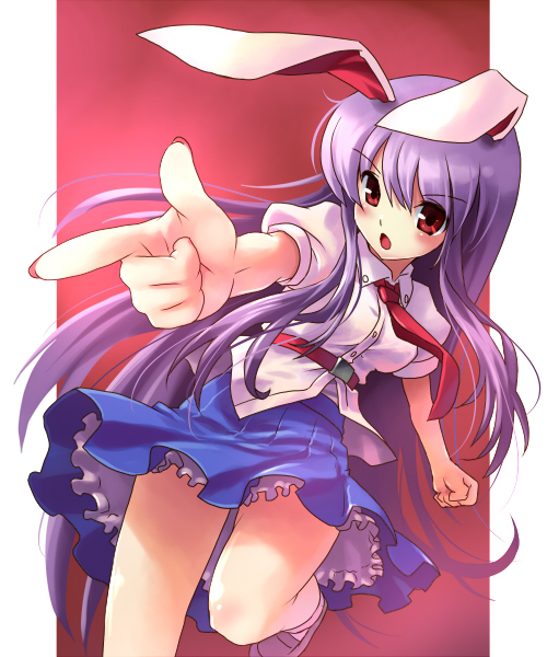 katahira masashi, reisen udongein inaba, touhou, 1girl, animal ears, female focus, finger gun, gradient background, long hair, necktie, outside border, pointing, purple hair, rabbit ears, red eyes, red necktie, solo, standing