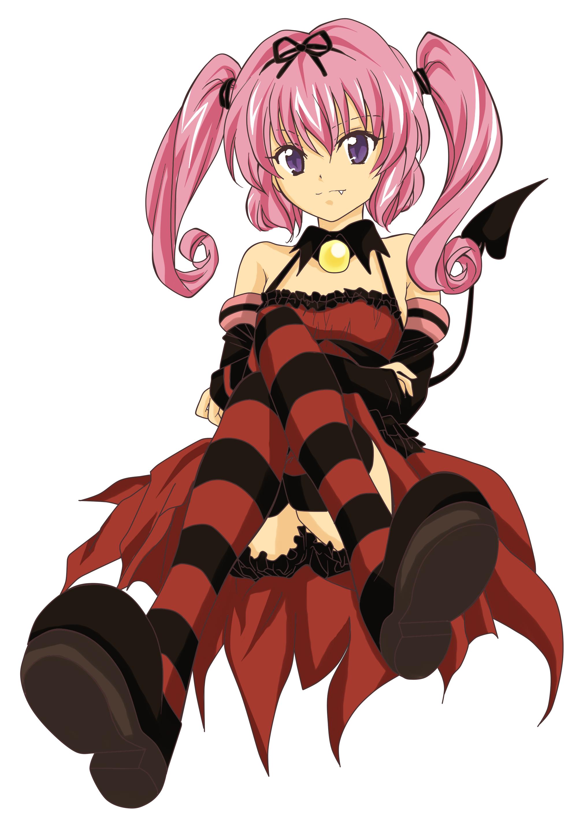 nana asta deviluke, to love-ru, absurdres, highres, 00s, demon tail, fang, pink hair, solo, striped clothes, striped thighhighs, tail, thighhighs, twintails