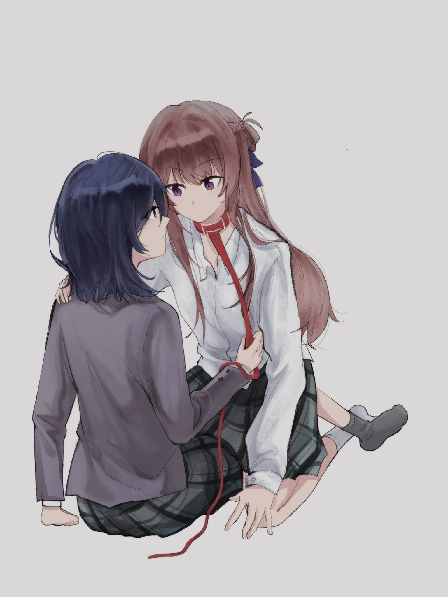 miyagi shiori, sendai hazuki, shuuniichido classmate wo kau hanashi, commentary, hashtag-only commentary, highres, 2girls, blue hair, braid, brown hair, collar, grey jacket, grey skirt, grey socks, half up braid, holding, holding leash, jacket, leash, long hair, long sleeves, medium hair, mim120809, multiple girls, no shoes, purple eyes, shirt, simple background, skirt, socks, white background, white shirt, yuri