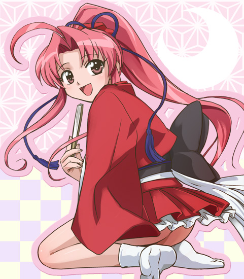 haruyama kazunori, tsukishima yui, rakugo tennyo oyui, 00s, 1girl, ass, brown eyes, female focus, folded fan, folding fan, hand fan, japanese clothes, kimono, kneeling, long hair, no panties, open mouth, pink hair, ponytail, solo