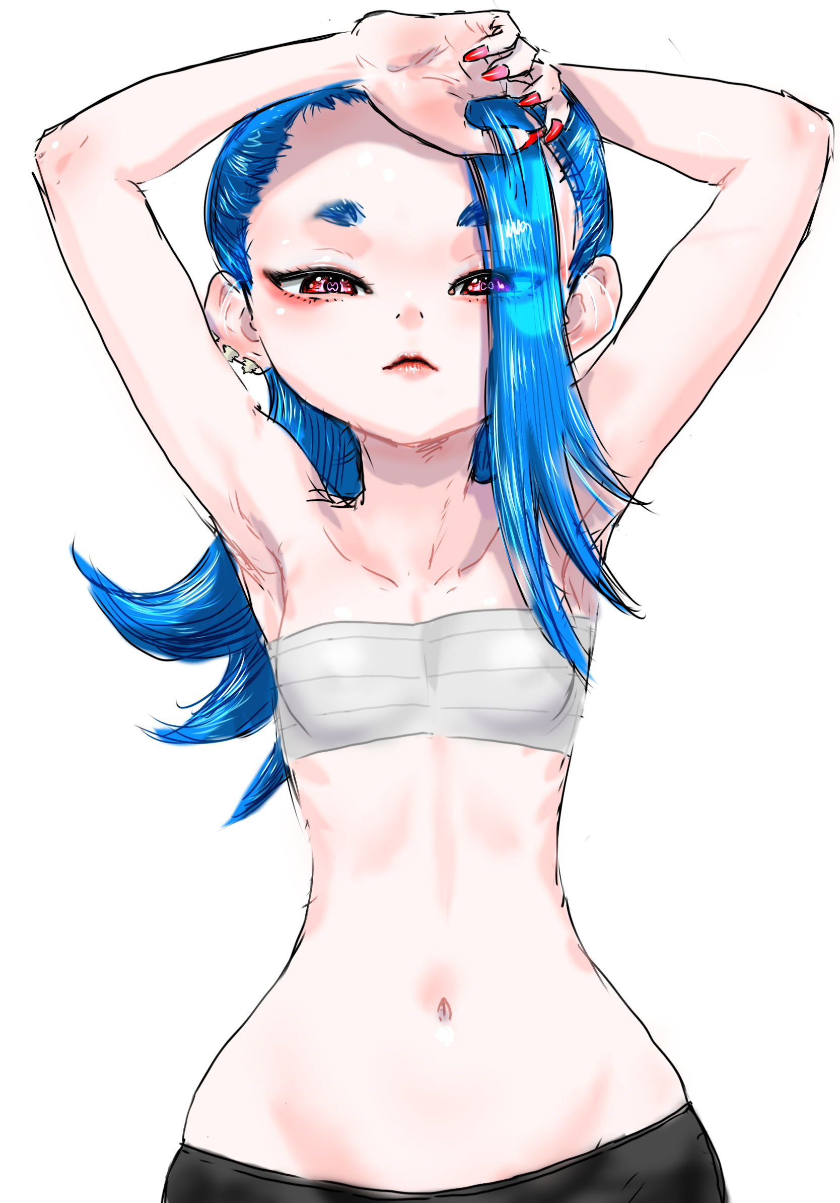 koharu2.5, shiver (splatoon), nintendo, splatoon (series), highres, 1girl, arm on own head, armpits, arms up, black pants, blue hair, breasts, cephalopod eyes, chest sarashi, collarbone, covered erect nipples, cowboy shot, earrings, expressionless, fingernails, groin, hair over one eye, hands on own head, humanization, jewelry, long fingernails, long hair, looking at viewer, lowleg, lowleg pants, multiple earrings, navel, pale skin, pants, red eyes, red nails, sarashi, sharp fingernails, simple background, small breasts, solo, translucent hair, white background, wide hips