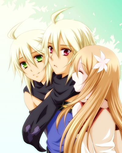 daybreak, emil castagnier, marta lualdi, tales of (series), tales of symphonia, tales of symphonia: dawn of the new world, lowres, 00s, 1girl, 2boys, ahoge, blonde hair, green eyes, long hair, multiple boys, red eyes, scarf, smile