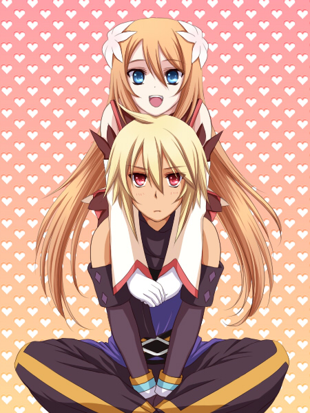 daybreak, emil castagnier, marta lualdi, tales of (series), tales of symphonia, tales of symphonia: dawn of the new world, 00s, 1boy, 1girl, blonde hair, blue eyes, couple, detached sleeves, gloves, hetero, hug, hug from behind, long hair, red eyes, smile