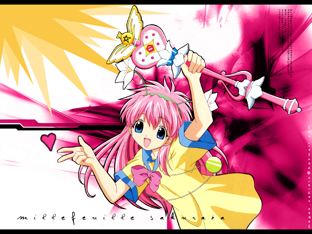milfeulle sakuraba, galaxy angel, non-web source, 00s, 1girl, abstract background, blue eyes, character name, dress, female focus, heart, letterboxed, long hair, looking at viewer, magical girl, pink hair, short dress, smile, solo, v, wand