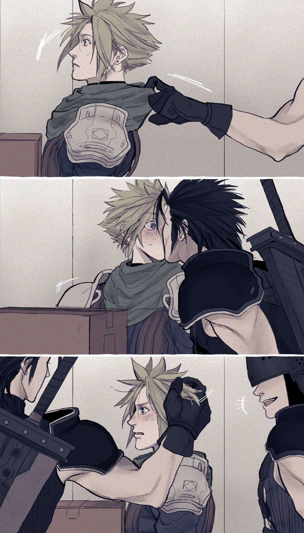 ht8207, cloud strife, kunsel, zack fair, crisis core final fantasy vii, final fantasy, final fantasy vii, highres, 3boys, armor, black gloves, black hair, black shirt, blonde hair, blue shirt, blush, buster sword, clothes grab, covered eyes, gloves, green scarf, hand in another's hair, helmet, helmet over eyes, kiss, male focus, multiple boys, neckwear grab, open mouth, parted bangs, parted lips, pauldrons, scarf, scarf grab, shinra infantry uniform, shirt, short hair, shoulder armor, sleeveless, sleeveless turtleneck, smile, spiked hair, suspenders, sweatdrop, sword, sword on back, turtleneck, upper body, weapon, weapon on back, wide-eyed, yaoi