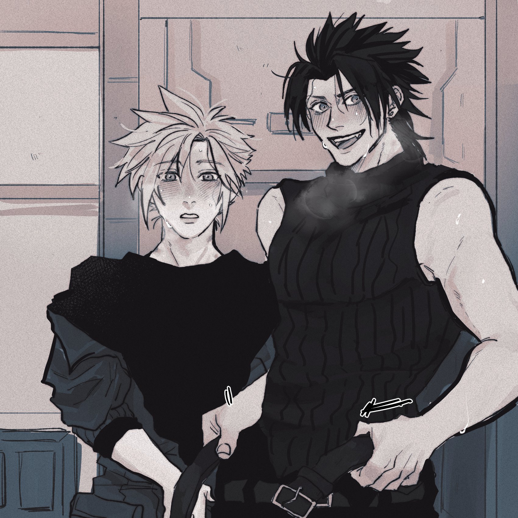 ht8207, cloud strife, zack fair, crisis core final fantasy vii, final fantasy, final fantasy vii, highres, 2boys, bare shoulders, belt, black hair, black pants, black shirt, blonde hair, blush, dazed, furrowed brow, greyscale, hair between eyes, heavy breathing, jacket, jacket partially removed, male focus, monochrome, multiple boys, nervous smile, open belt, open mouth, pants, parted bangs, parted lips, shirt, short hair, sleeveless, sleeveless turtleneck, smile, sweat, turtleneck, upper body, yaoi