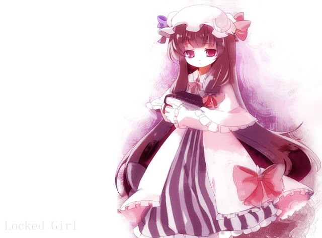 chaba (hortensia), patchouli knowledge, touhou, bad id, bad pixiv id, 1girl, book, bow, dress, female focus, hat, long hair, mob cap, pink bow, purple eyes, purple hair, solo, striped clothes, striped dress, vertical-striped clothes, vertical-striped dress, white hat