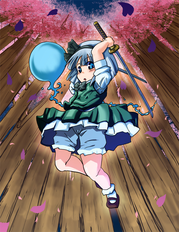 oshou sui, konpaku youmu, konpaku youmu (ghost), touhou, bad id, bad pixiv id, 1girl, black shoes, bloomers, bow, female focus, hitodama, katana, mary janes, shirt, shoes, skirt, socks, solo, standing, sword, underwear, weapon, white shirt, white socks