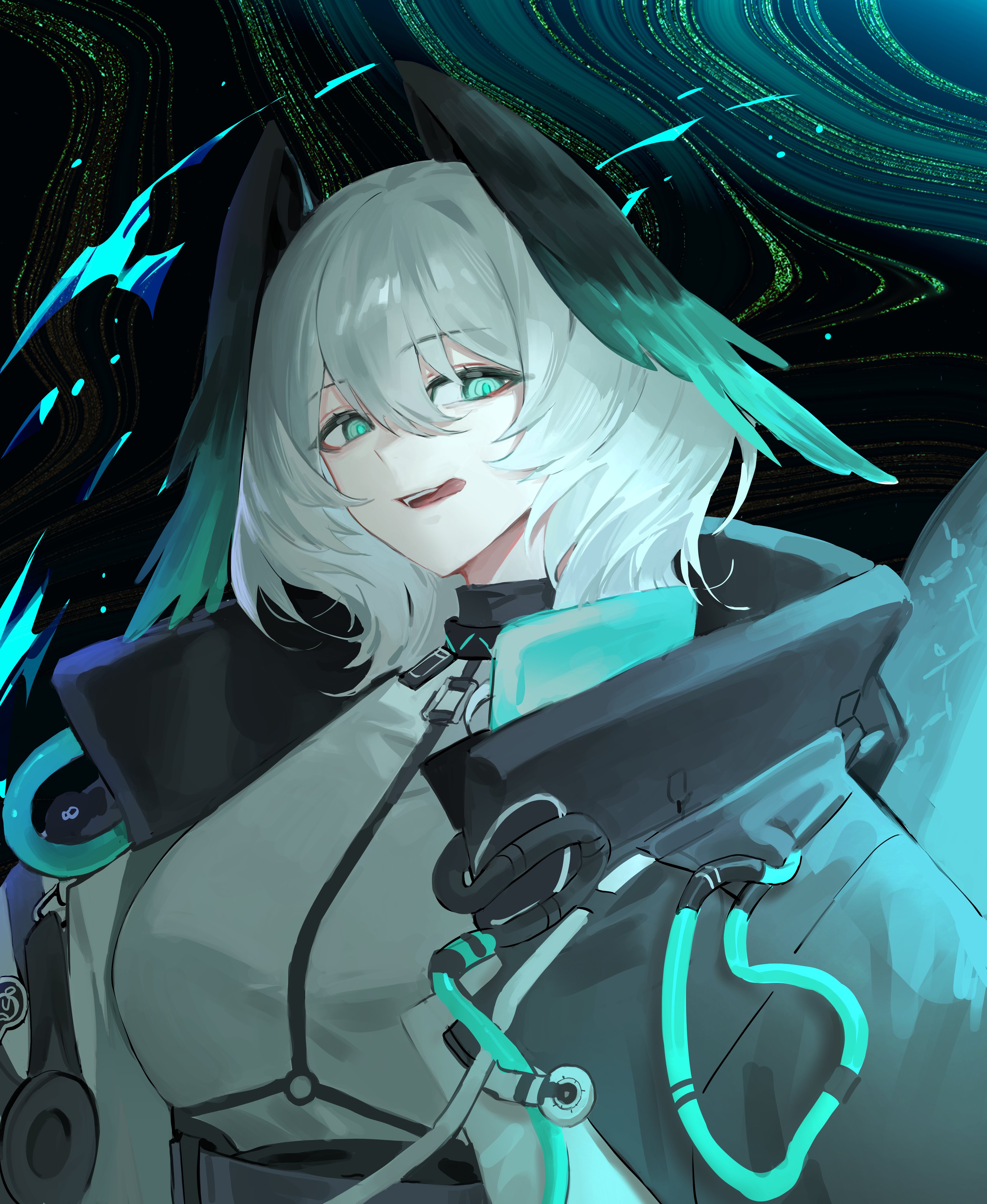 seizou hidzuke, ho'olheyak (arknights), infection monitor (arknights), arknights, absurdres, hashtag-only commentary, highres, 1girl, black coat, coat, energy, green eyes, grey hair, hair between eyes, head wings, licking lips, looking at viewer, short hair, solo, sweater, tongue, tongue out, upper body, white sweater, wings