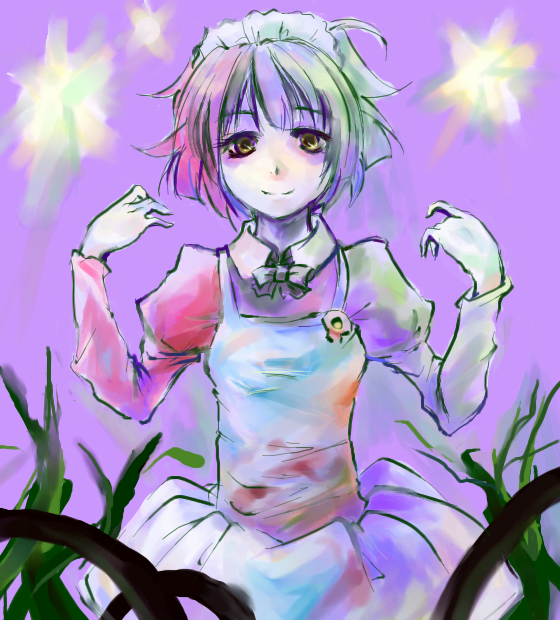 yakui, futaba channel, nijiura maids, 1girl, female focus, maid, purple background, short hair, smile, solo