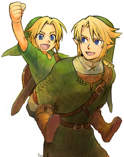 ponky, link, young link, nintendo, the legend of zelda, the legend of zelda: ocarina of time, lowres, 2boys, armor, blonde hair, blue eyes, carrying, chainmail, deku shield, dual persona, hat, male focus, multiple boys, multiple persona, piggyback, pointy ears, shield, shield on back, smile, sword, time paradox, weapon, wooden shield