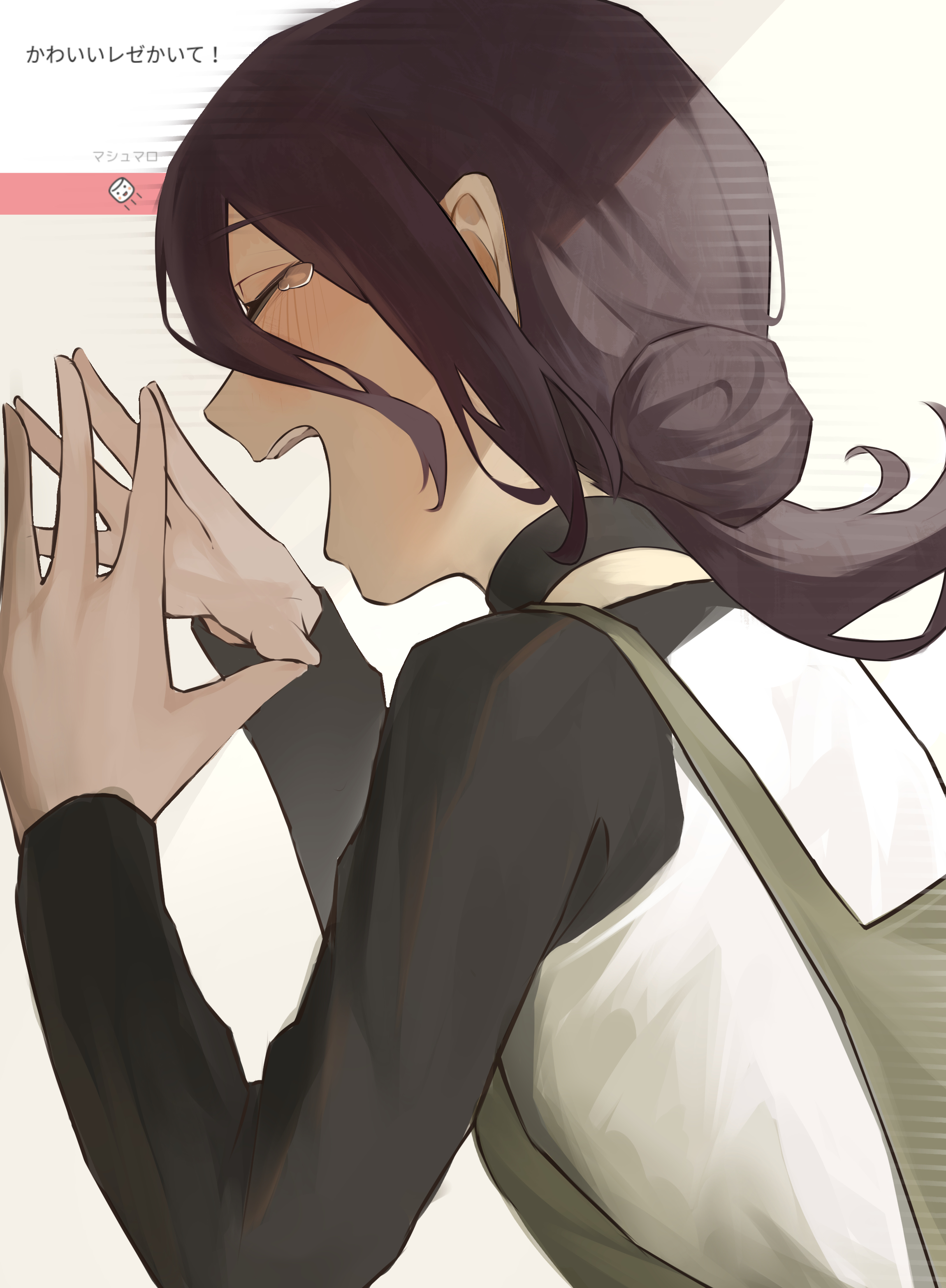 touch (uo2iqsbub291352), reze (chainsaw man), chainsaw man, absurdres, highres, 1girl, apron, black choker, black hair, black sleeves, choker, closed eyes, from side, grey apron, hair bun, hands up, open mouth, own hands together, shirt, solo, tearing up, white shirt