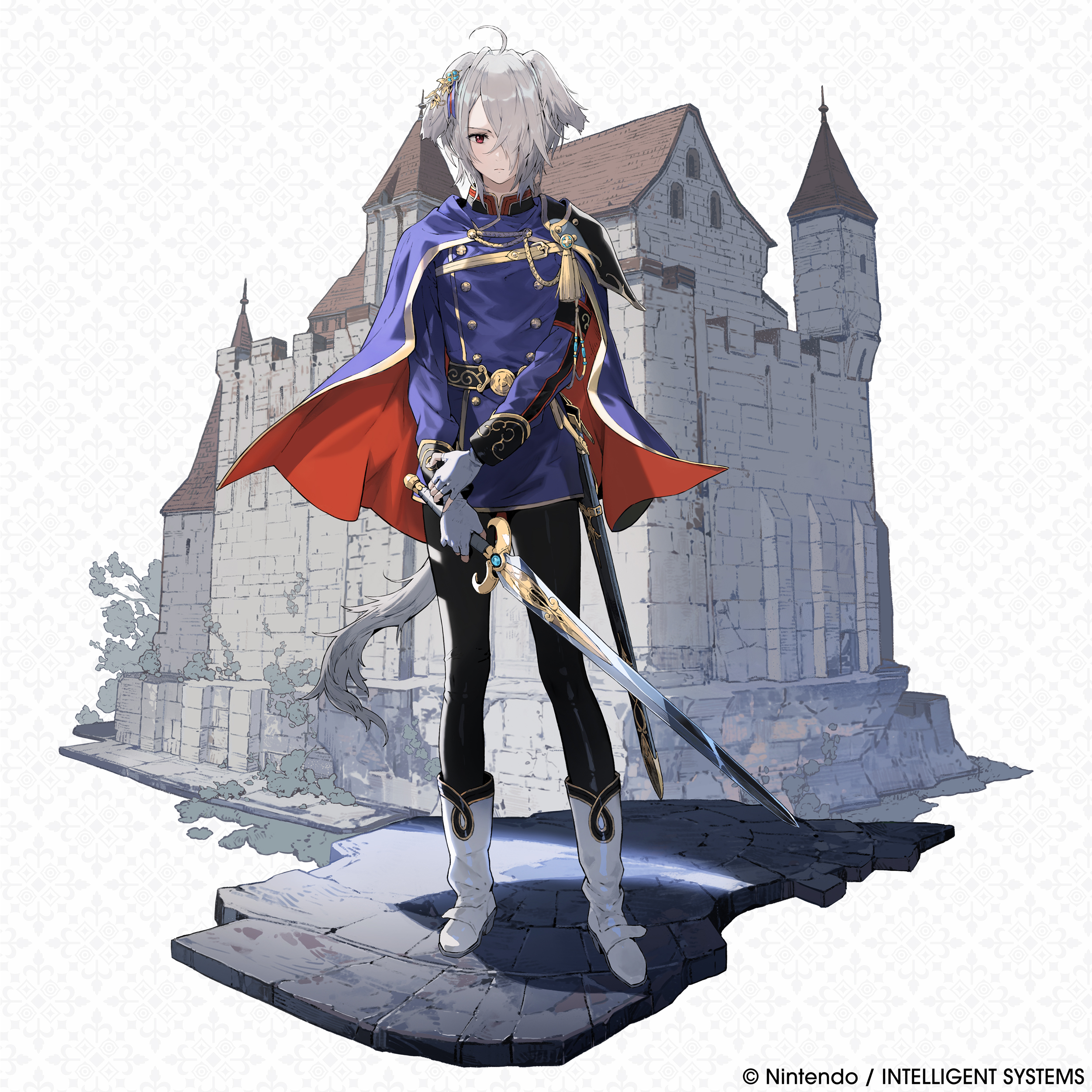 fire emblem, fire emblem shadows, nintendo, absurdres, commentary, english commentary, highres, official art, 1girl, ahoge, androgynous, animal ears, crossdressing, crossdressing (ftm), dog ears, dog girl, flat chest, full body, grey hair, holding, holding sword, holding weapon, kurt (fire emblem), long hair, long sleeves, looking at viewer, pants, reverse trap, skinny, solo, sword, tail, weapon, wolf tail
