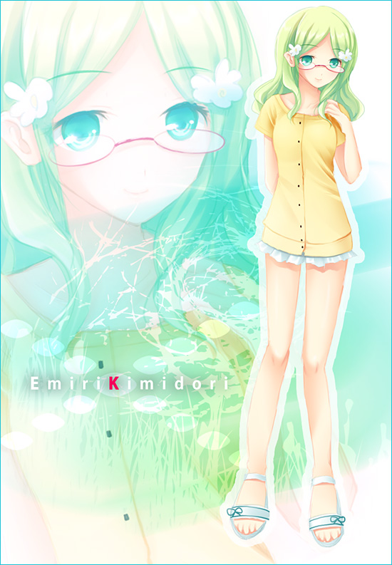 minase kuuru, kimidori emiri, suzumiya haruhi no yuuutsu, duplicate, non-web source, resized, 00s, casual, glasses, green eyes, green hair, long hair, sandals, solo