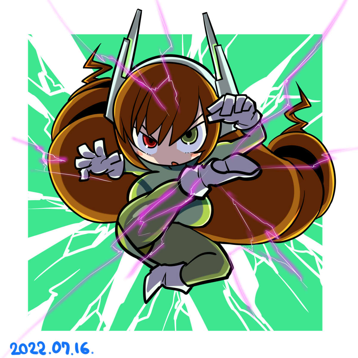 itini-sanshi, suiseiseki, rozen maiden, commentary request, highres, 1girl, alternate breast size (larger), alternate costume, bodysuit, boots, breasts, brown hair, chibi, chibi only, dated, drill hair, flying kick, full body, gloves, green background, green bodysuit, green eyes, headgear, heterochromia, kicking, large breasts, long hair, looking at viewer, open mouth, red eyes, solo, twin drills, v-shaped eyes, very long hair, white boots, white gloves