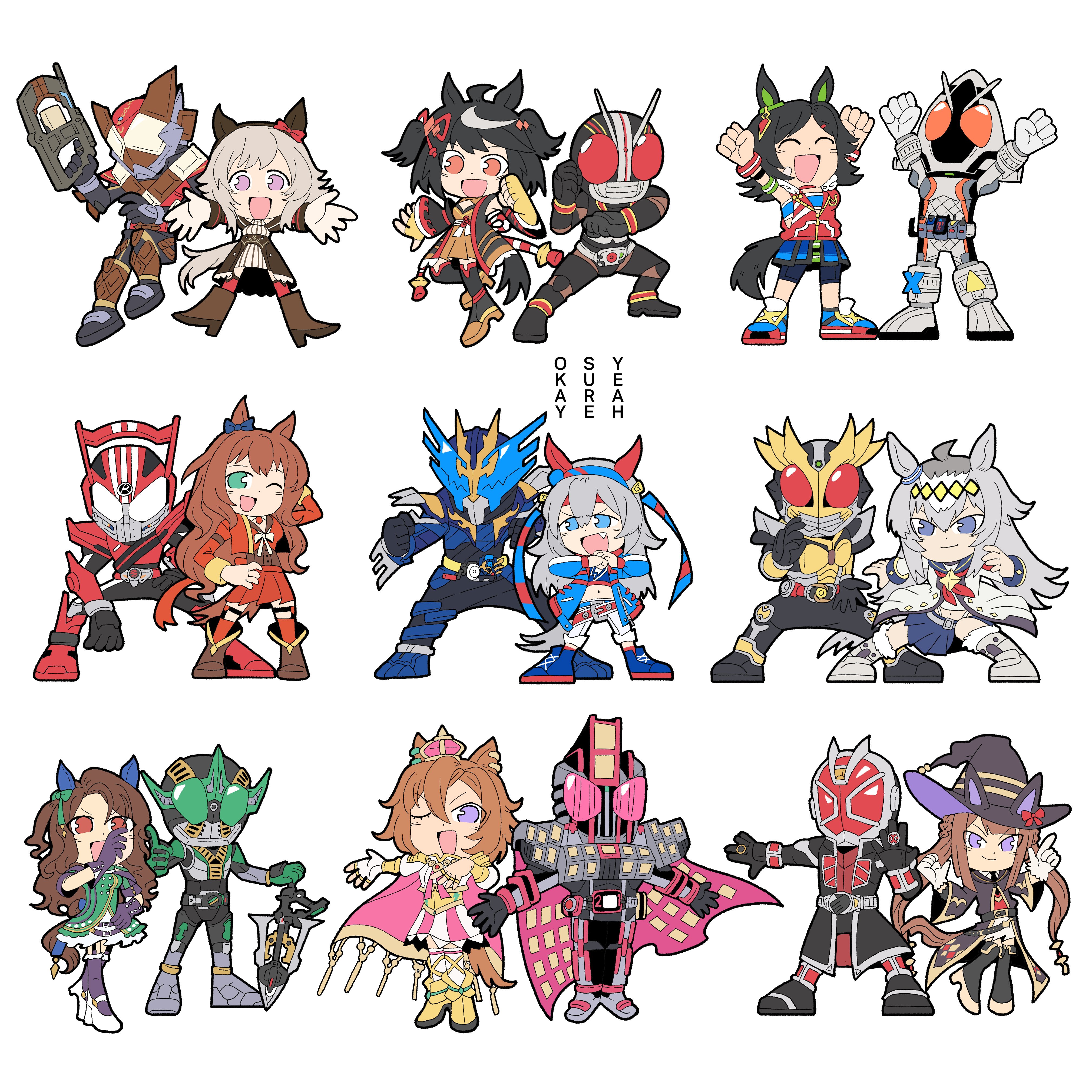 curren chan (umamusume), kamen rider agito, kamen rider black, kamen rider drive, kamen rider fourze, kamen rider gavv, kamen rider wizard, kamen rider zeronos, king halo (umamusume), kitasan black (umamusume), t.m. opera o (umamusume), kamen rider, kamen rider agito (series), kamen rider black (series), kamen rider dcd, kamen rider den-o (series), kamen rider drive (series), kamen rider fourze (series), kamen rider gavv (series), kamen rider wizard (series), umamusume, absurdres, highres, 6+boys, 6+girls, animal ears, black gloves, black hair, blue eyes, brown hair, dress, gloves, green dress, green eyes, grey hair, hat, horse ears, horse tail, looking at viewer, multiple boys, multiple girls, okisurya70, purple eyes, red eyes, smile, striped hair, tail, tokusatsu, white background, witch hat