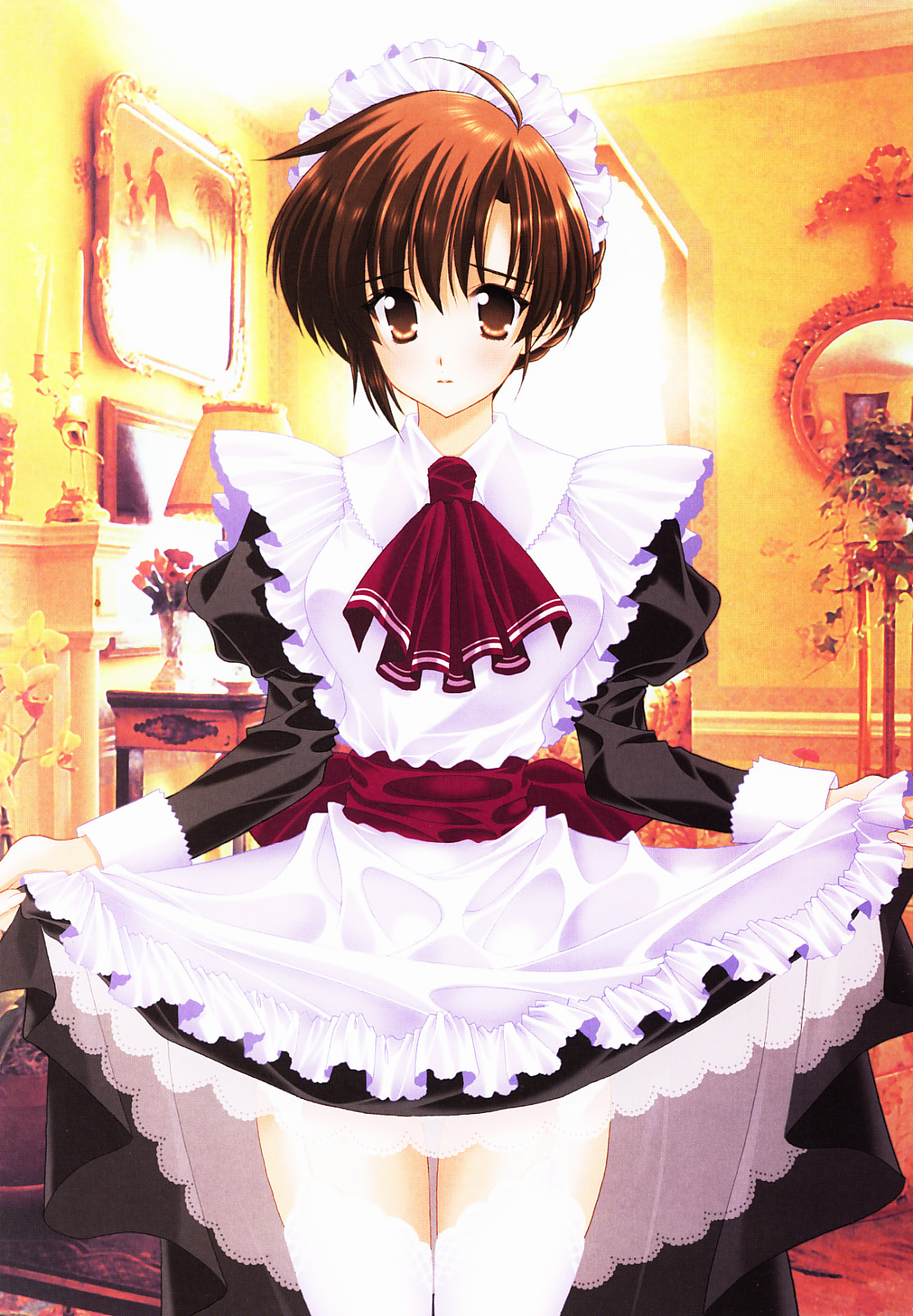 mario kaneda, kojima kirie, girls bravo, highres, non-web source, 00s, braid, brown eyes, brown hair, clothes lift, dress, dress lift, frills, maid, solo, thighhighs