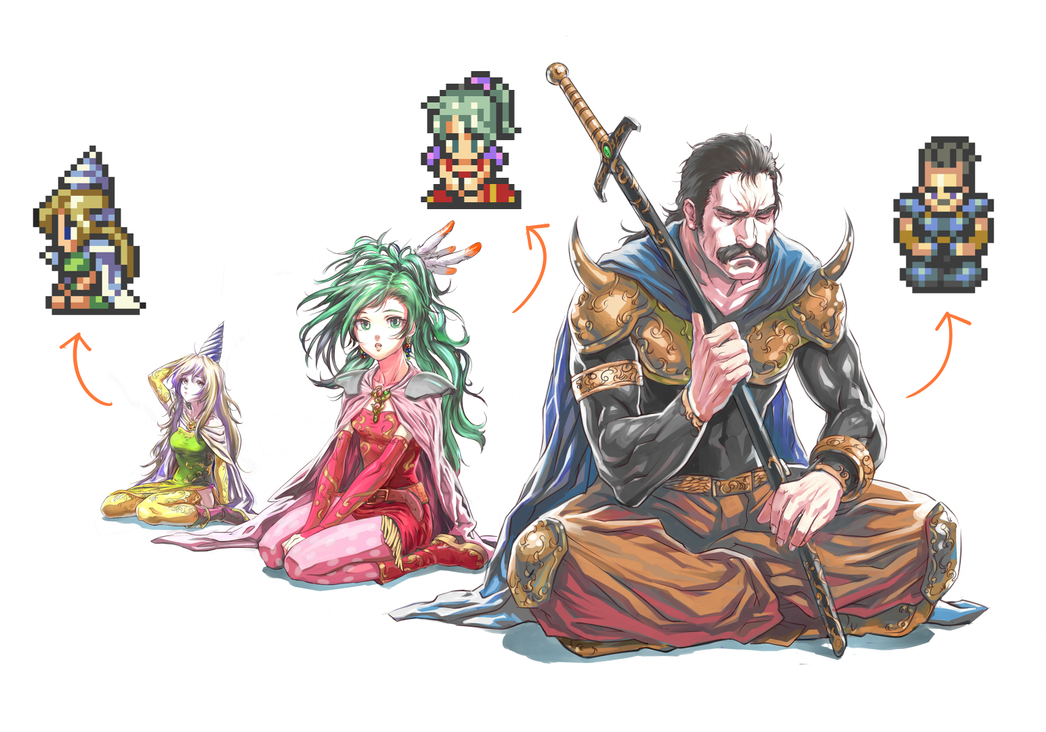 diolemonde, celes chere, cyan garamonde, tina branford, final fantasy, final fantasy vi, 1990s (style), 2girls, armor, blonde hair, brown eyes, cape, comparison, detached sleeves, facial hair, green eyes, green hair, kneeling, long hair, multiple girls, mustache, pantyhose, pixel art, polka dot, ponytail, sword, thighhighs, weapon