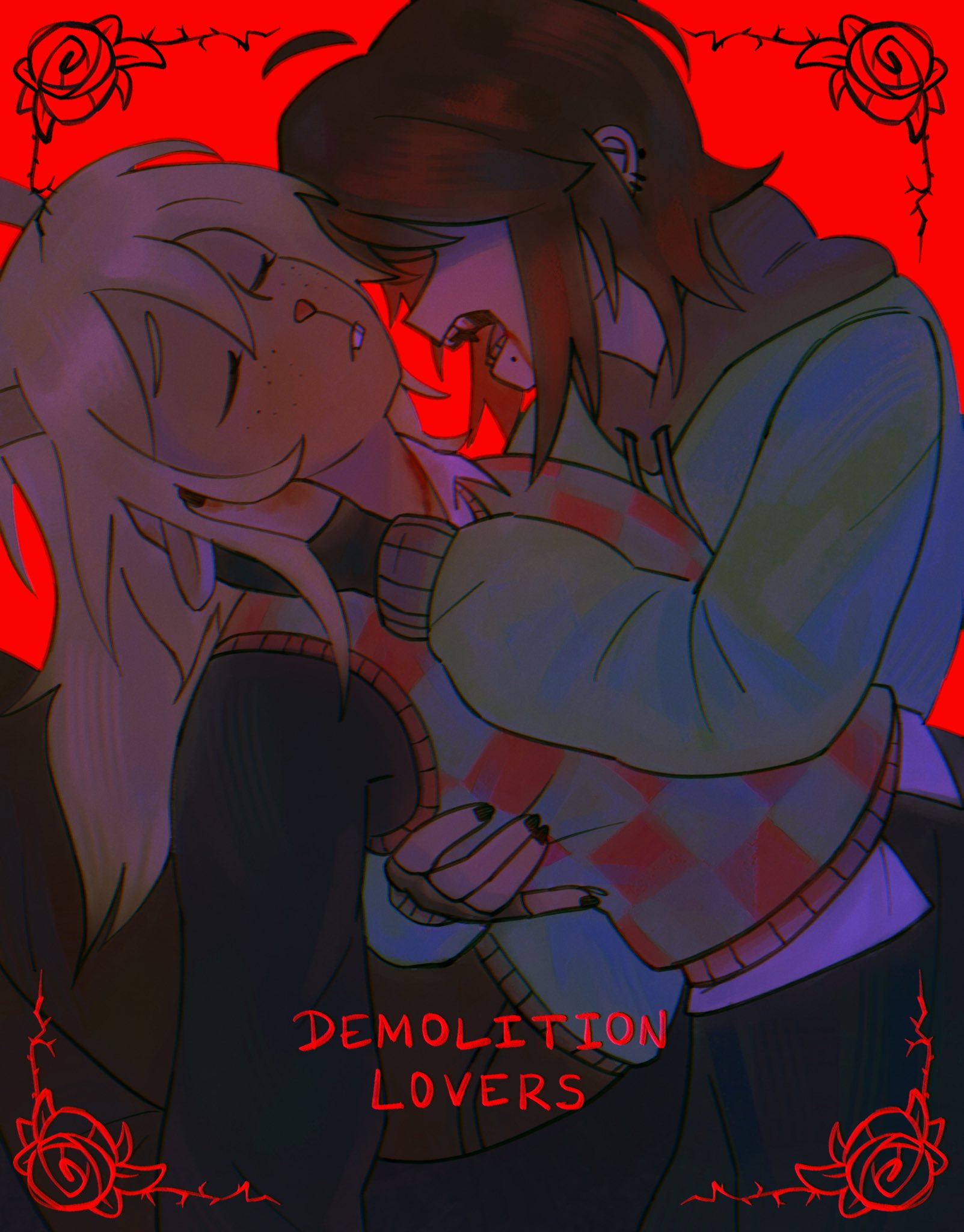 kris (deltarune), noelle holiday, deltarune, my chemical romance, utdr (toby fox), commentary, english commentary, highres, 1girl, 1other, black gloves, black hood, black nails, blonde hair, blood, blood on neck, brown hair, checkered sweater vest, closed eyes, english text, fangs, fingerless gloves, gloves, green sweater, hand on another's back, hand on another's neck, long hair, medium hair, mole, mole under mouth, open mouth, red background, red sweater vest, song name, sweater, sweater vest, teeth, ventalizm