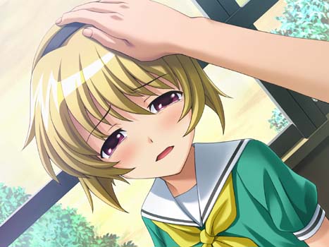 rato, houjou satoko, higurashi no naku koro ni, jpeg artifacts, lowres, non-web source, 00s, 1girl, blonde hair, dress, dutch angle, hairband, head pat, headpat, red eyes, sailor dress, solo focus, tears
