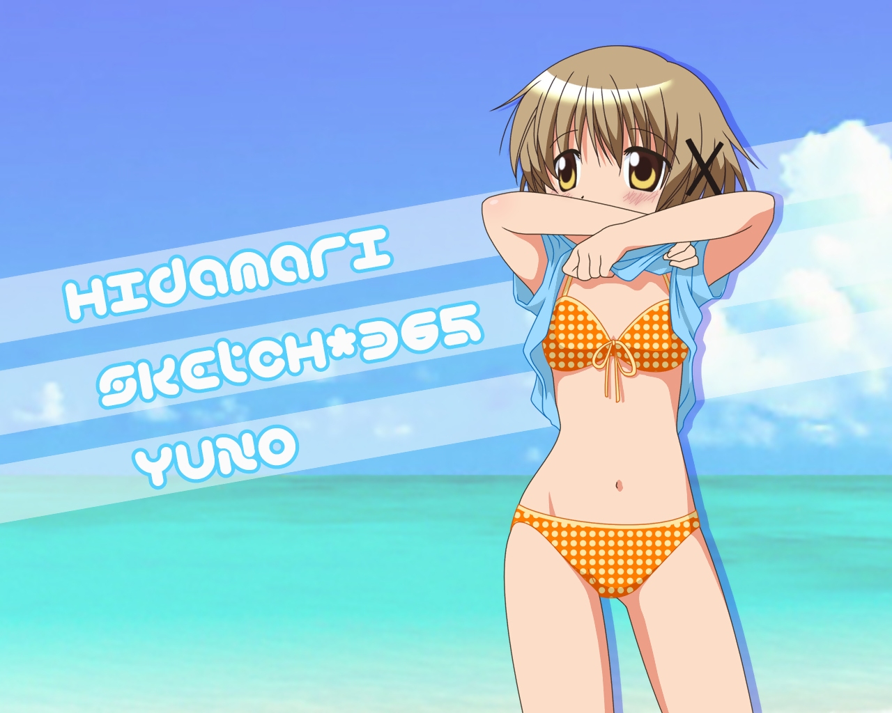 yuno (hidamari sketch), hidamari sketch, derivative work, non-web source, vector trace, 00s, 1girl, beach, bikini, blush, brown hair, day, female focus, flat chest, hair ornament, hairclip, orange bikini, outdoors, polka dot, polka dot bikini, polka dot swimsuit, short hair, solo, swimsuit, undressing, yellow eyes