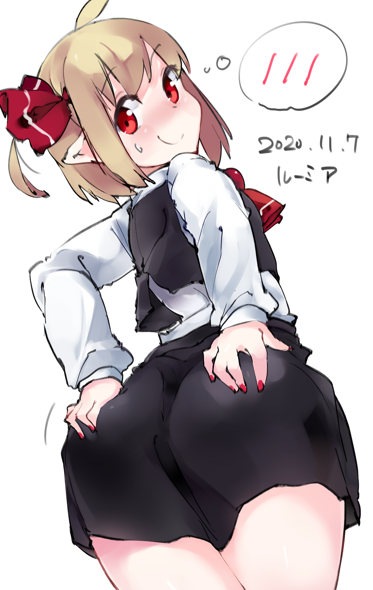 kankai (yamimomon), rumia, touhou, highres, 1girl, ascot, ass, black skirt, black vest, blonde hair, blush, from behind, hair ribbon, hands on own ass, long sleeves, looking back, pointy ears, red ascot, red eyes, red nails, red ribbon, ribbon, shirt, skirt, smile, sweatdrop, thighs, vest, white shirt