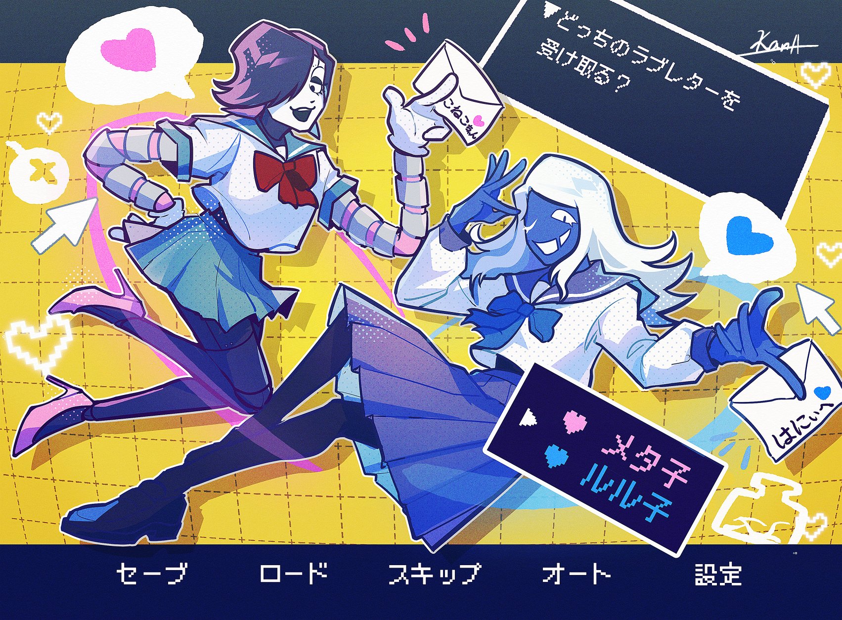 kana (kanaice), mettaton, mettaton ex, rouxls kaard, deltarune, undertale, utdr (toby fox), highres, 2boys, android, black hair, black shoes, blue bow, blue bowtie, blue skin, blue skirt, bow, bowtie, colored skin, crossdressing, crossdressing (mtf), cursor, dialogue box, dialogue options, drop shadow, envelope, full body, grid background, hair over one eye, heart, high heels, holding, holding envelope, letterboxed, long hair, male focus, multiple boys, one eye closed, one eye covered, open mouth, pink shoes, red bow, red bowtie, school uniform, serafuku, shirt, shoes, short hair, skirt, spoken heart, white hair, white shirt, yellow background