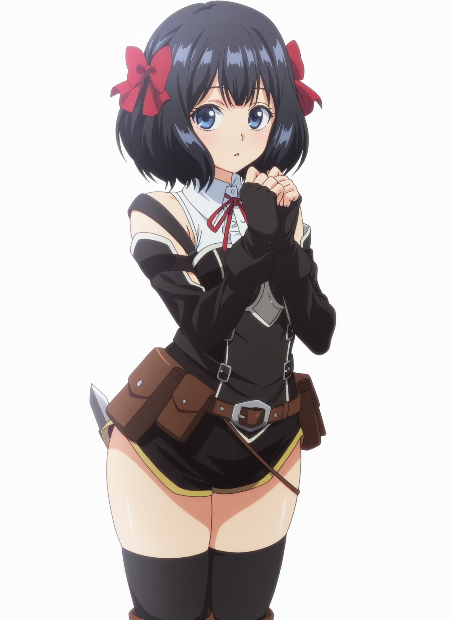 marusankaku, tino shade, nageki no bourei wa intaishitai, highres, 1girl, asymmetrical gloves, belt, belt bag, belt pouch, black hair, black romper, black shorts, black socks, black thighhighs, blue eyes, blush, bow, breasts, brown bag, brown belt, brown pouch, brown sash, collared shirt, detached sleeves, dot nose, female focus, fingerless gloves, gloves, hair bow, hair ornament, hair ribbon, legs, long sleeves, looking at viewer, medium breasts, medium hair, open mouth, pouch, red bow, red ribbon, ribbon, romper, sash, shirt, short shorts, short sleeves, shorts, simple background, skin tight, sleeveless, sleeveless shirt, socks, solo, solo focus, sword, sword on back, thick thighs, thighhighs, thighs, thighs focus, waist bag, waist sash, weapon, weapon on back, white background, wide hips