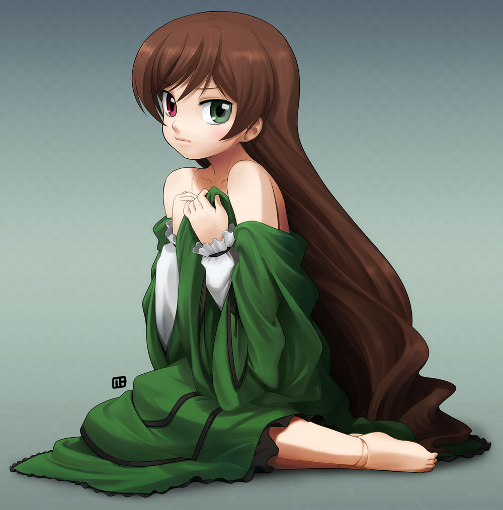 nagian, suiseiseki, rozen maiden, bad id, bad pixiv id, 00s, 1girl, bare shoulders, barefoot, brown hair, doll joints, dress, female focus, heterochromia, joints, long hair, solo, undressing