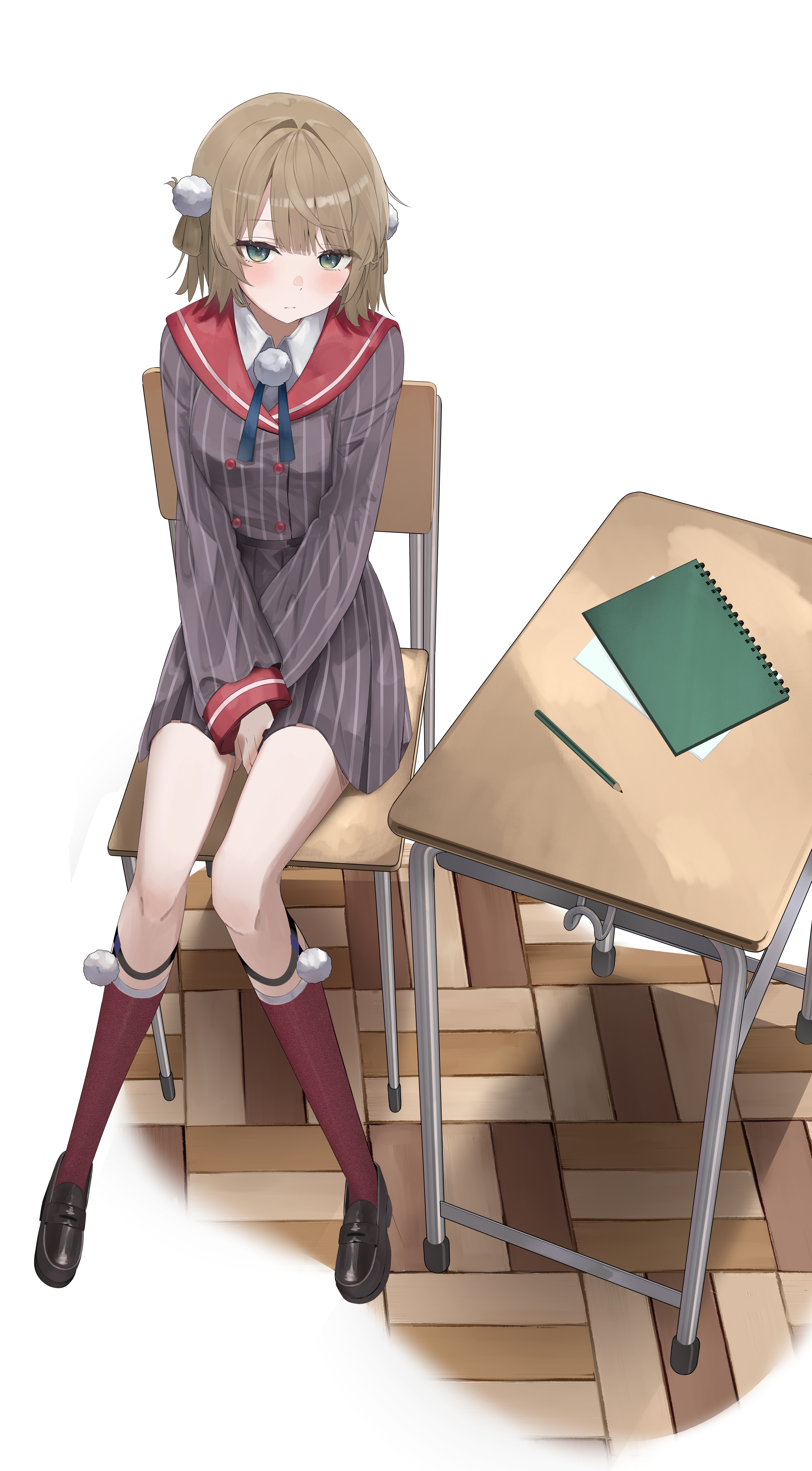 watatabeseeds, shigure ui (vtuber), shigure ui (vtuber) (1st costume), indie virtual youtuber, absurdres, commentary request, highres, 1girl, between legs, black shoes, blue ribbon, blunt bangs, blush, brown hair, buttons, chair, collared shirt, desk, double-breasted, dress shirt, embarrassed, from above, full body, green eyes, grey jacket, grey skirt, hair ornament, hair rings, hand between legs, jacket, kneehighs, legwear garter, loafers, long sleeves, looking at viewer, miniskirt, neck ribbon, no headwear, notebook, on chair, pinstripe jacket, pinstripe pattern, pinstripe skirt, pleated skirt, pom pom (clothes), pom pom hair ornament, red sailor collar, red socks, ribbon, sailor collar, school chair, school desk, school uniform, shirt, shoes, short hair, side part, side up ring, sitting, skirt, sleeve cuffs, socks, solo, v arms, virtual youtuber, white shirt, winter uniform, wooden floor