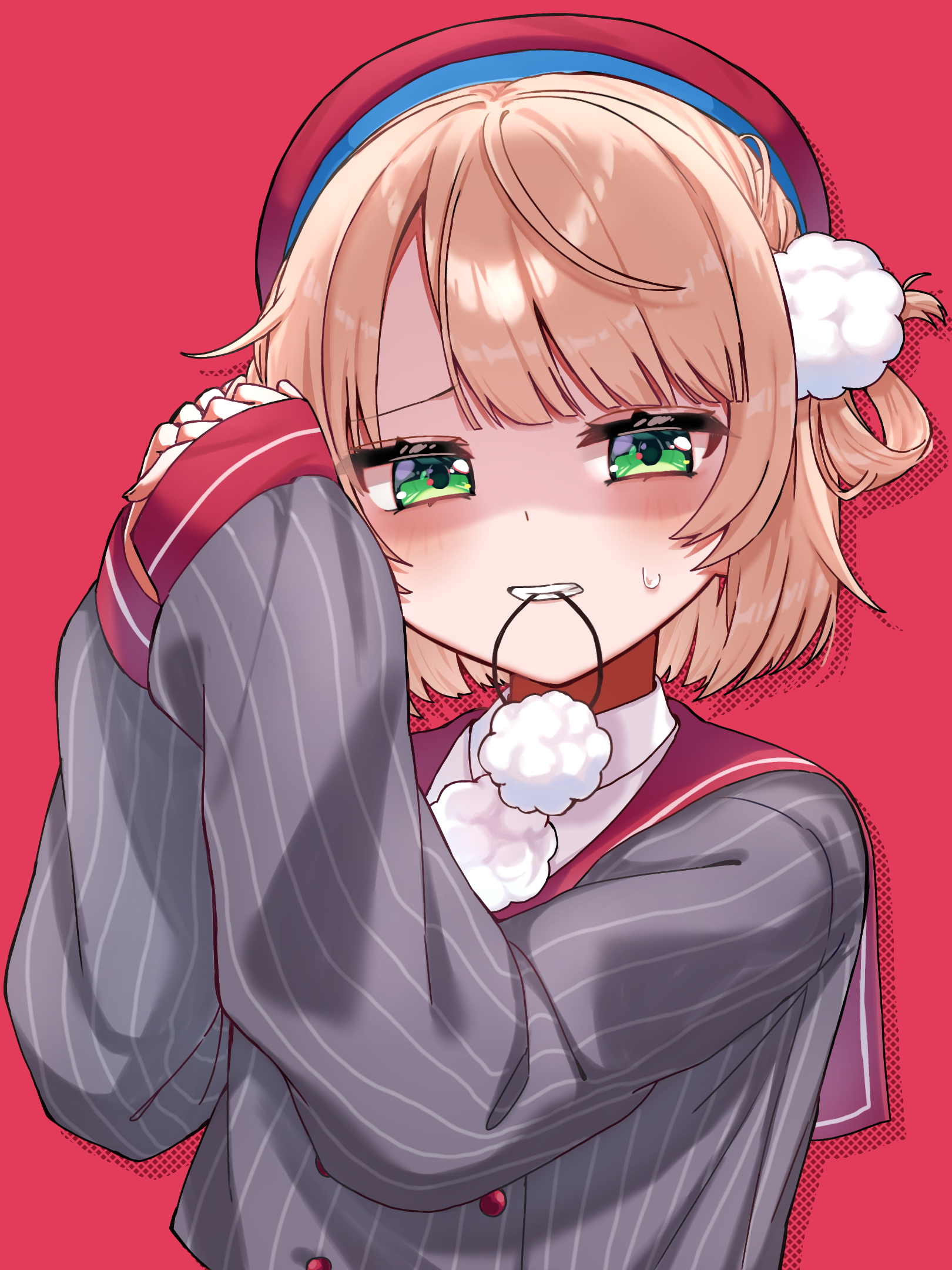 shigure ui (vtuber), shigure ui (vtuber) (1st costume), indie virtual youtuber, commentary request, highres, 1girl, beret, blonde hair, blunt bangs, bow, buttons, clenched teeth, collared shirt, double-breasted, dress shirt, green eyes, grey jacket, hair ornament, hair rings, hair tie in mouth, hat, jacket, long sleeves, looking at viewer, mouth hold, nyaatsu, partially shaded face, pinstripe jacket, pinstripe pattern, pom pom (clothes), pom pom hair ornament, red bow, red hat, red sailor collar, sailor collar, school uniform, shirt, short hair, side part, side up ring, simple background, sleeve cuffs, solo, sweatdrop, teeth, tying hair, upper body, virtual youtuber, white shirt, winter uniform