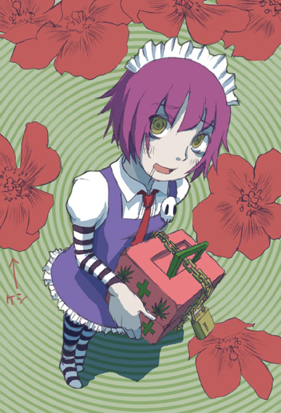 yakui, futaba channel, nijiura maids, crazy eyes, drugs, maid, marijuana, saliva, short hair, solo, striped clothes, striped thighhighs, thighhighs