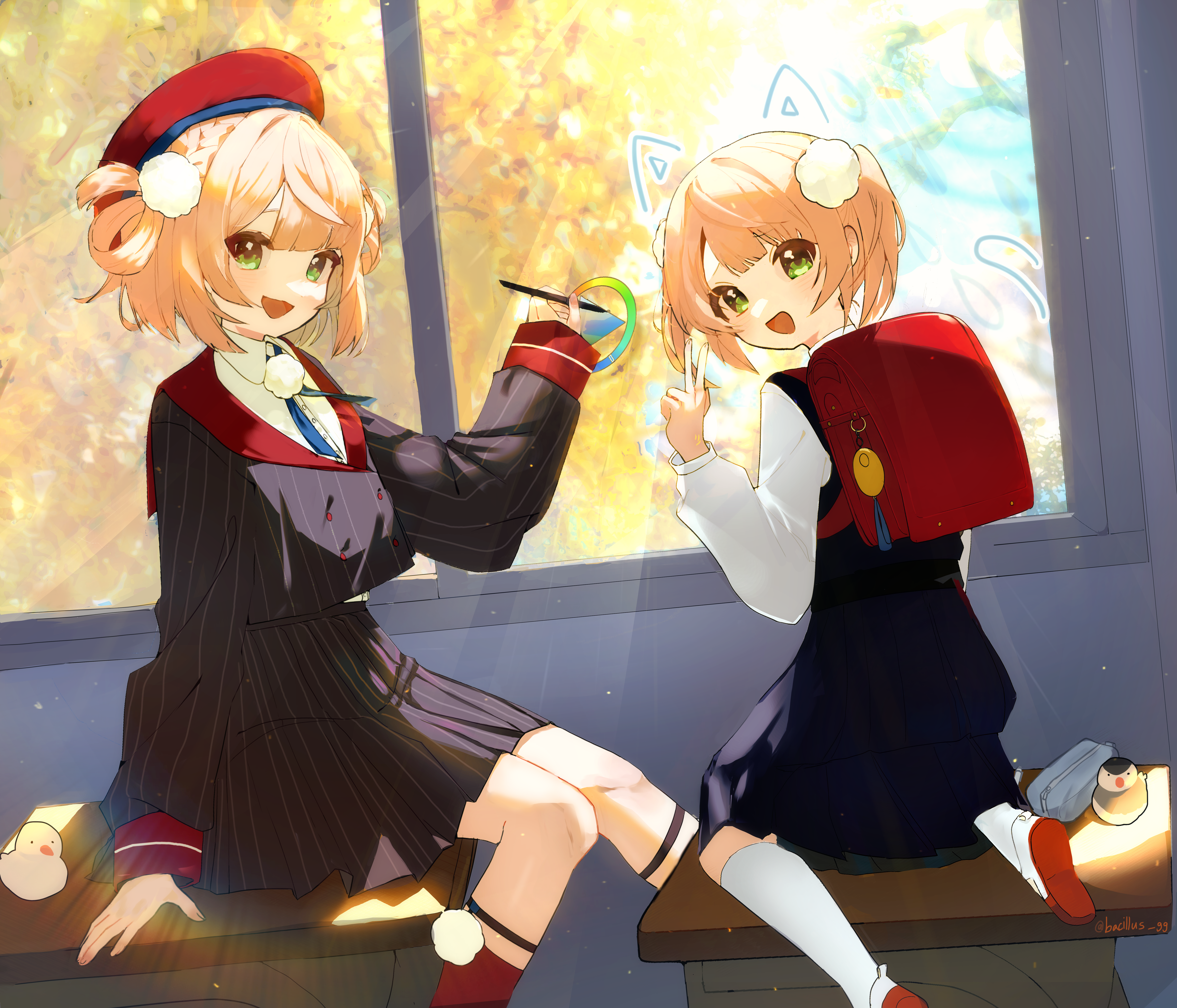 gangyun, shigure ui (vtuber), shigure ui (vtuber) (1st costume), shigure ui (vtuber) (young), indie virtual youtuber, absurdres, commentary, highres, 2girls, aged down, animal ears, arm support, backpack, bag, beret, blonde hair, blue dress, blue ribbon, blunt bangs, braid, buttons, cat ears, cat tail, classroom, collared shirt, color picker, crime prevention buzzer, dappled sunlight, desk, double-breasted, drawn ears, drawn tail, dress, dress shirt, green eyes, grey jacket, grey skirt, hair ornament, hair rings, hat, indoors, jacket, kneehighs, kneeling, legwear garter, light particles, long sleeves, looking at viewer, miniskirt, multiple girls, multiple persona, neck ribbon, official alternate hairstyle, on desk, overexposure, pencil case, pinafore dress, pinstripe jacket, pinstripe pattern, pinstripe skirt, pleated dress, pleated skirt, pom pom (clothes), pom pom hair ornament, randoseru, red bag, red hat, red sailor collar, red socks, ribbon, sailor collar, school, school desk, school uniform, shirt, shoes, short hair, side braid, side part, side up ring, sitting, skirt, sleeve cuffs, sleeveless, sleeveless dress, socks, sunlight, tail, twintails, uwabaki, virtual youtuber, white shirt, white shoes, white socks, window