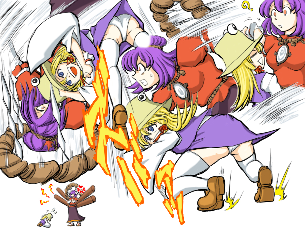 iijima takatoshi, iijimata katoshi, moriya suwako, yasaka kanako, touhou, bad id, bad pixiv id, 2girls, ass, blonde hair, female focus, hat, multiple girls, panties, purple hair, rope, scolding, thighhighs, underwear