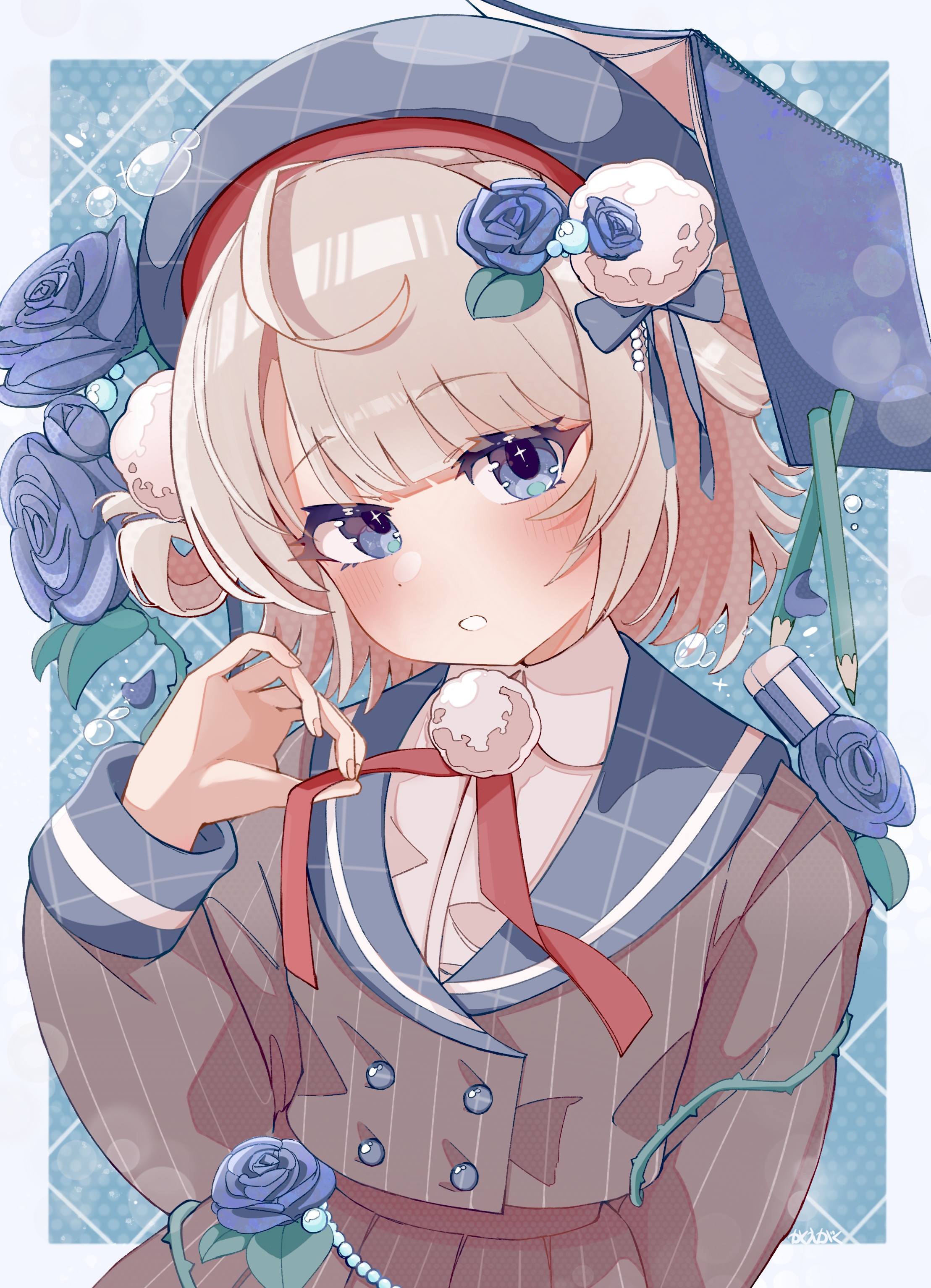 kakue gaku, shigure ui (vtuber), shigure ui (vtuber) (1st costume), indie virtual youtuber, absurdres, commentary request, highres, 1girl, alternate color, alternate eye color, alternate headwear color, argyle background, beret, blue background, blue flower, blue hat, blue rose, blue sailor collar, blunt bangs, blush, book, book on head, braid, buttons, collared shirt, double-breasted, dress shirt, embarrassed, flower, grey jacket, grey skirt, hair flower, hair ornament, hair rings, hat, jacket, long sleeves, neck ribbon, notebook, object on head, parted lips, pinstripe jacket, pinstripe pattern, pinstripe skirt, pleated skirt, pom pom (clothes), pom pom hair ornament, ribbon, rose, sailor collar, school uniform, shirt, short hair, side braid, side part, side up ring, signature, skirt, sleeve cuffs, solo, sparkling eyes, untying, virtual youtuber, white shirt, winter uniform