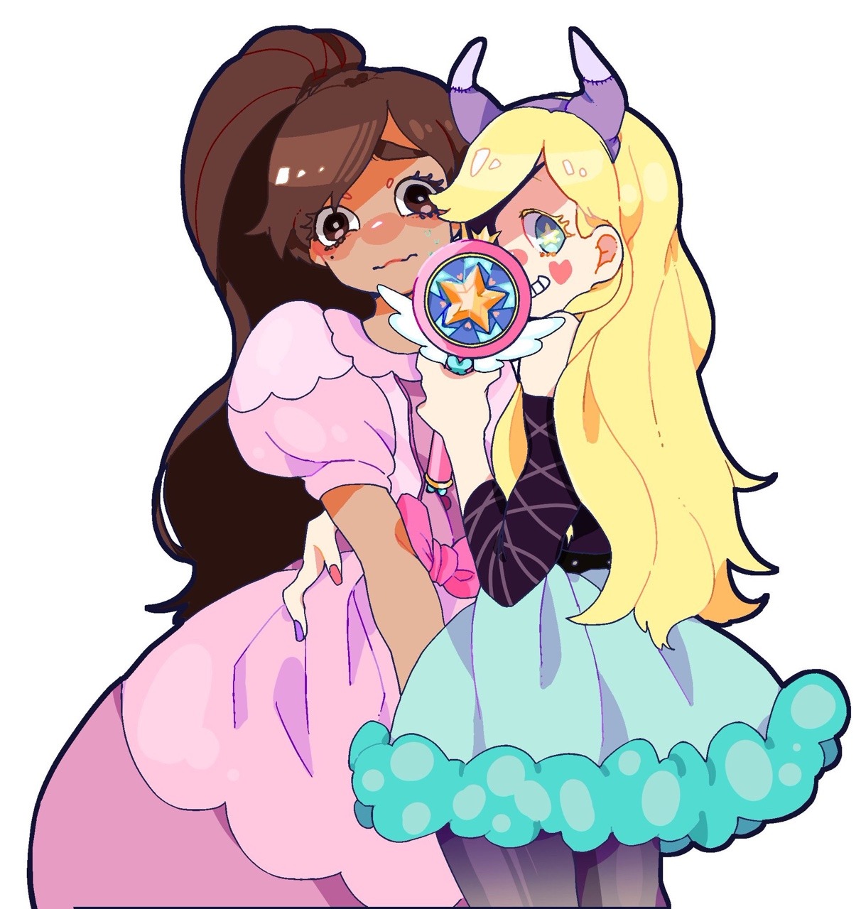 imotarou (imodarake), marco diaz, star butterfly, star vs the forces of evil, highres, 1boy, 1girl, arm around waist, black pantyhose, black shirt, blonde hair, blue eyes, blue skirt, blush stickers, bow, brown eyes, brown hair, colored eyelashes, cowboy shot, crossdressing, crossdressing (mtf), dark-skinned male, dark skin, dress, eyepatch, facial mark, frilled shirt collar, frills, fur-trimmed skirt, fur trim, gown, grin, hair over shoulder, hand up, heart, heart facial mark, high ponytail, holding, holding wand, long hair, looking at viewer, miniskirt, mole, mole under eye, off-shoulder shirt, off shoulder, official alternate costume, official alternate hair length, official alternate hairstyle, pantyhose, parted bangs, pink bow, pink dress, pink nails, ponytail, princess marco turdina, puffy short sleeves, puffy sleeves, purple nails, raised inner eyebrows, royal magic wand (svtfoe), shirt, short sleeves, simple background, skirt, smile, star-shaped pupils, star (symbol), symbol-shaped pupils, thick eyebrows, thick outlines, three-quarter sleeves, trap, wand, wavy hair, wavy mouth, white background
