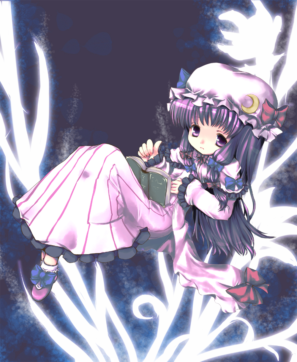 nanatsuki itsuka, patchouli knowledge, touhou, highres, 1girl, book, female focus, full body, hat, long hair, open book, purple hair, reading, ribbon, sitting, solo