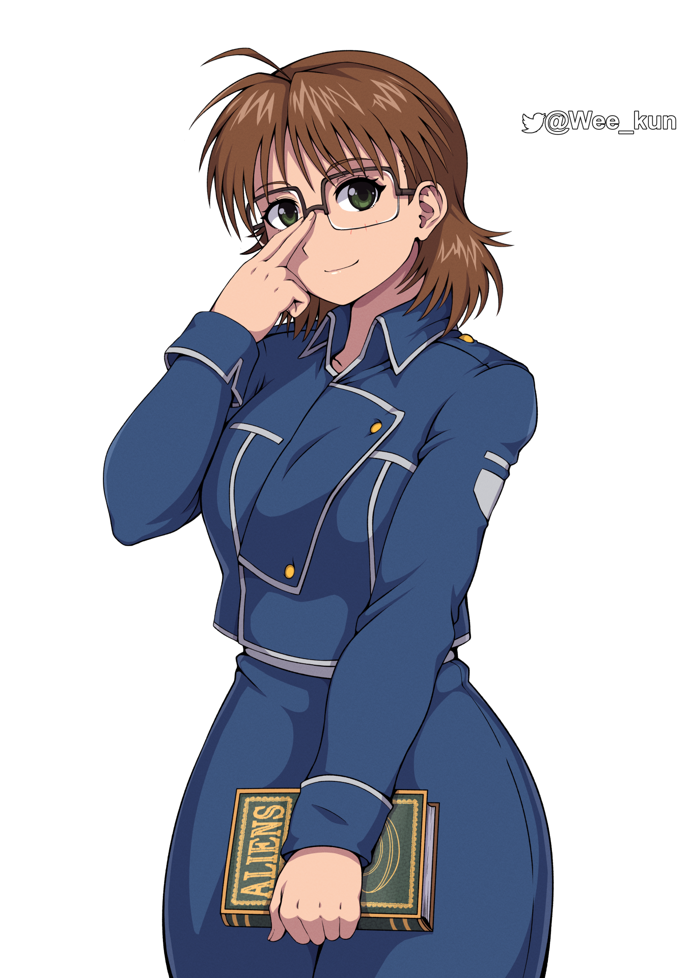 weekun, sheska (fma), fullmetal alchemist, highres, 1girl, adjusting eyewear, blue jacket, blue skirt, book, breasts, brown hair, finger on eyewear, glasses, green eyes, holding, holding book, jacket, military uniform, short hair, simple background, skirt, thighs, twitter logo, twitter username, white background