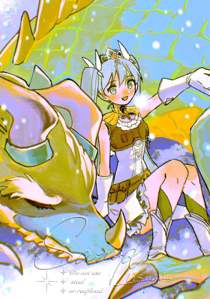 mouyi, frey (rune factory), syelzaweed, rune factory, rune factory 4, 1girl, armor, artist name, bare shoulders, blue eyes, blue hair, blush, boots, breath, claws, closed eyes, dragon, dragon horns, dress, gloves, hair between eyes, hair ribbon, headpiece, horns, leather armor, long hair, open mouth, outstretched arm, ribbon, sample watermark, short dress, sitting, sleeping, sleeveless, sleeveless dress, smile, snow, twintails, watermark, white boots, white dress, white gloves
