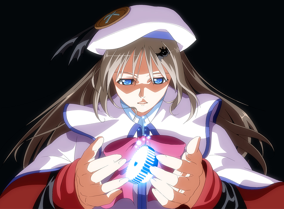 k3 (dolphin brain), noumi kudryavka, little busters!, 1girl, beret, black background, blue eyes, female focus, hair ornament, hairpin, hat, parody, school uniform, serafuku, solo, upper body, white hair