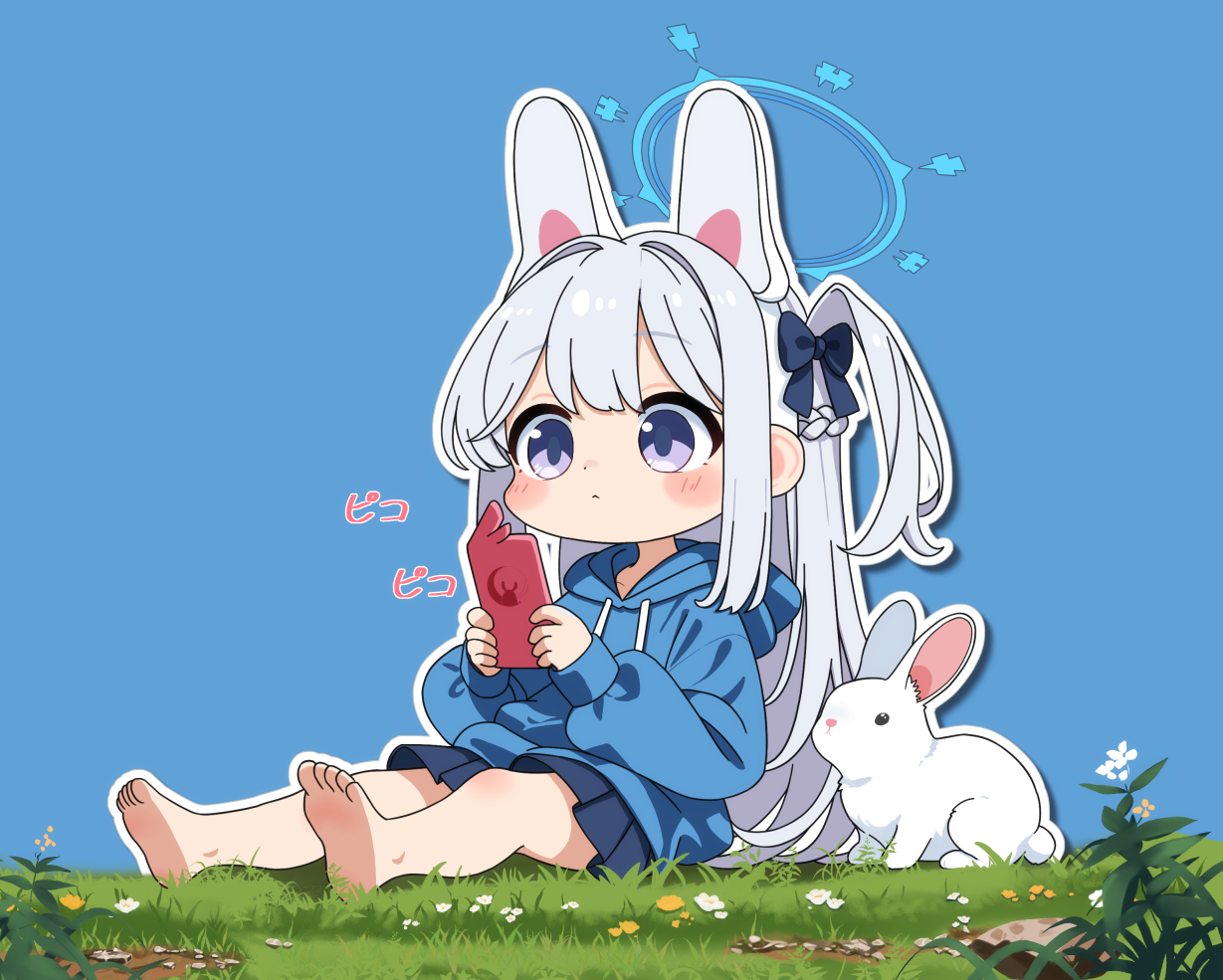 mutsuse, miyako (blue archive), miyako (young) (blue archive), blue archive, commentary request, 1girl, animal ears, bare legs, barefoot, black bow, blue hoodie, blue skirt, blush, blush stickers, bow, cellphone, deformed, fake animal ears, flower, grass, hair bow, halo, holding, holding phone, hood, hoodie, long hair, looking at phone, on ground, one side up, outline, phone, pleated skirt, purple eyes, rabbit, rabbit ear headwear, rabbit ears, sitting, skirt, smartphone, soles, solo, toes, very long hair, white outline