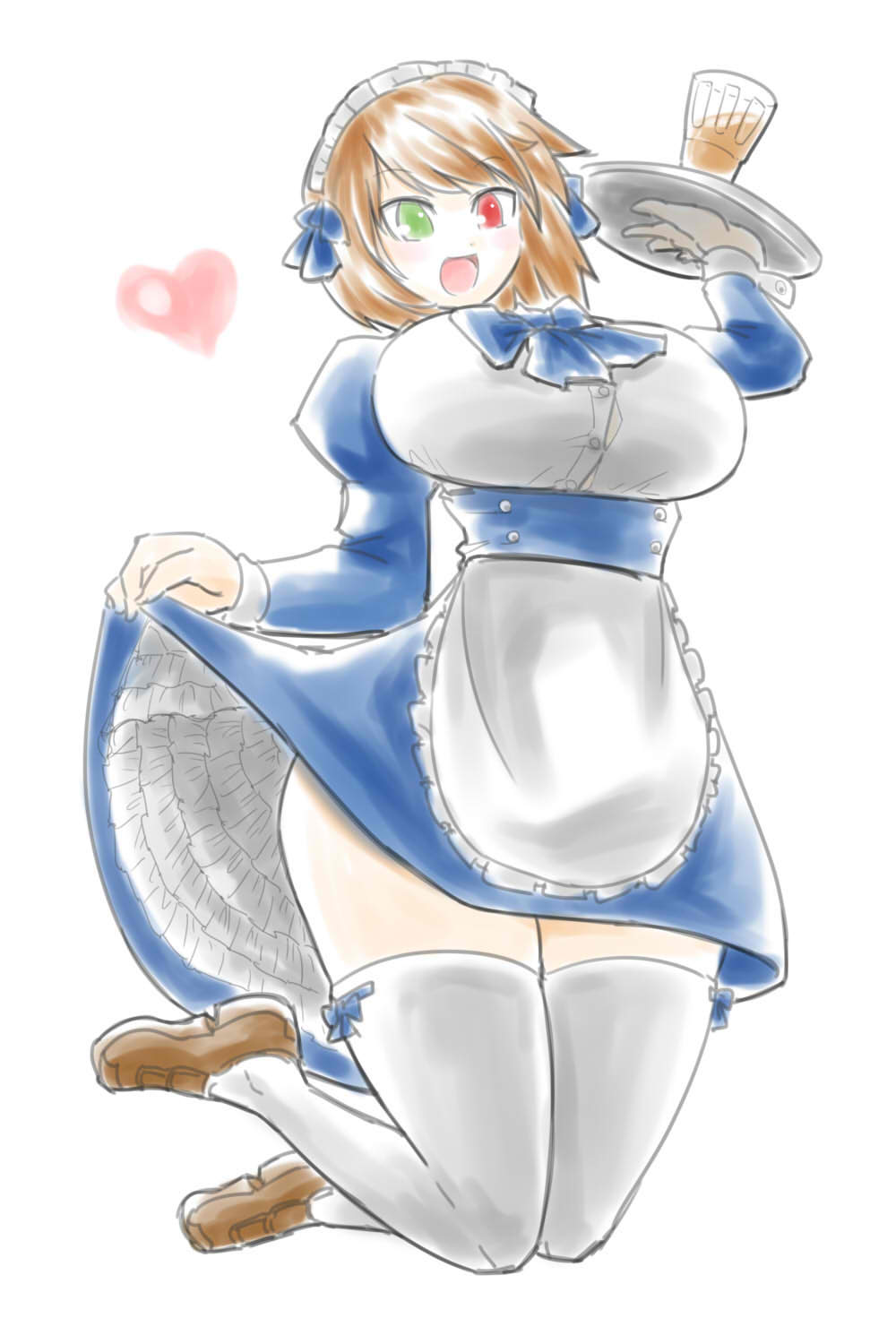 itini-sanshi, souseiseki, rozen maiden, commentary request, highres, 1girl, alternate breast size (larger), alternate costume, apron, blue bow, blue bowtie, blue dress, bow, bowtie, breasts, brown hair, brown shoes, dress, enmaided, full body, green eyes, heart, heterochromia, large breasts, long sleeves, maid, maid headdress, open mouth, petticoat, red eyes, shirt, shoes, short hair, simple background, smile, solo, thighhighs, waist apron, white apron, white background, white shirt, white thighhighs
