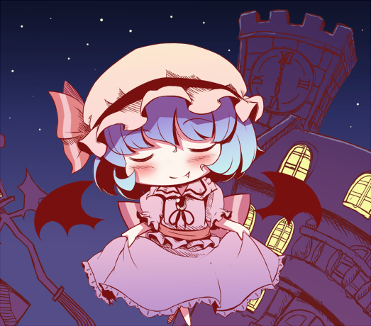 takahero, remilia scarlet, touhou, 1girl, blue hair, chibi, fang, female focus, gradient background, hat, outdoors, ribbon, short hair, skirt, sky, solo, wings