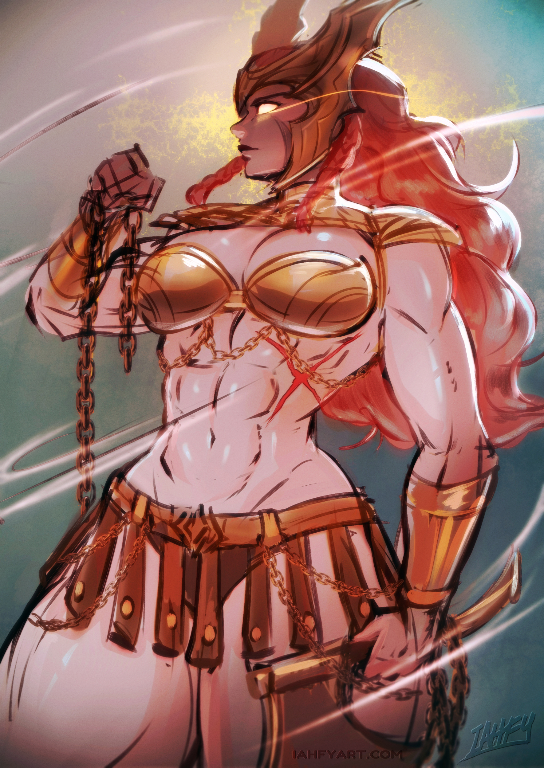 iahfy, angela (marvel), marvel, marvel rivals, absurdres, commentary, english commentary, highres, 1girl, abs, artist name, axe, bracer, braid, breasts, chain, cowboy shot, glowing, glowing eyes, holding, holding axe, large breasts, long hair, muscular, muscular female, red hair, scar, scar on stomach, solo, stomach, twin braids, winged headwear