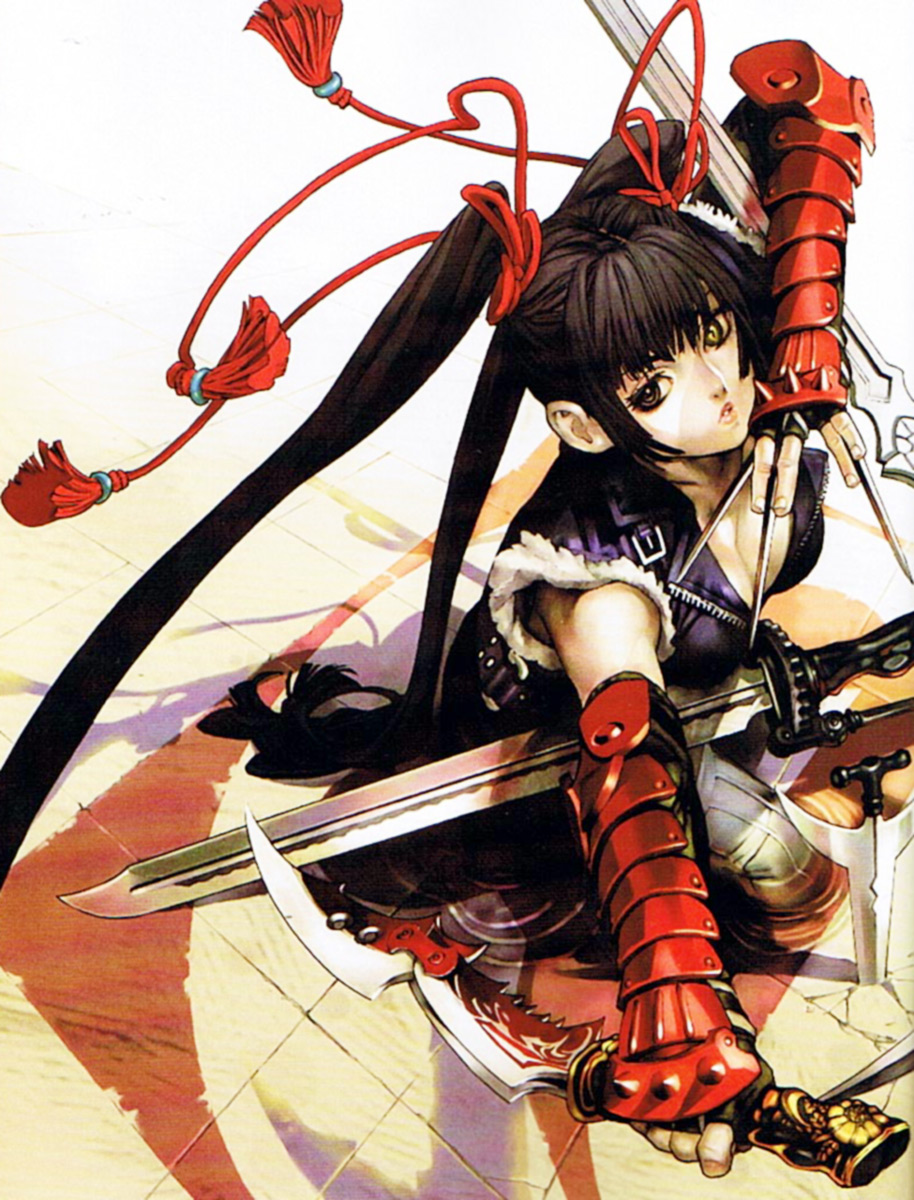 highres, black hair, gloves, heterochromia, knife, ribbon, sleeveless, solo, sword, twintails, weapon
